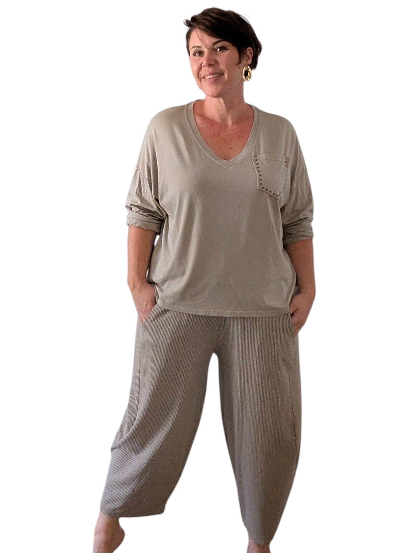06 Pantalon rayé beige